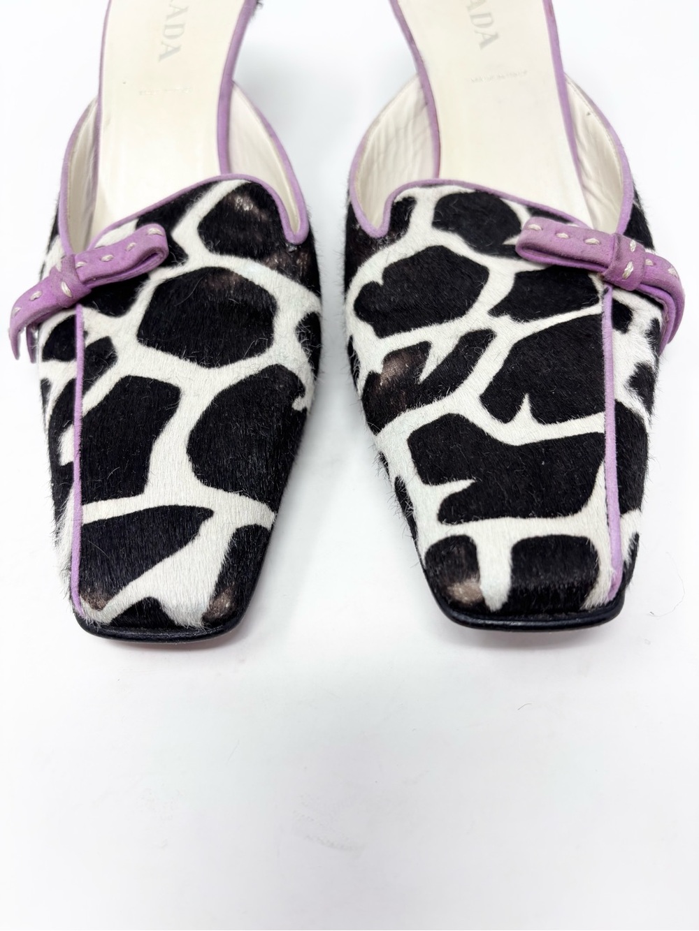 Vintage Prada Giraffe Print Calf Hair Kitten Heel Mule Square Toe Bow Archive 38 - Picture 6 of 11
